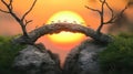 Ants crossing a natural bridge at sunset, symbol of teamwork and connection Royalty Free Stock Photo
