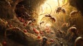 Ant colony bustling at burrow entrance with red eggs, cinematic lighting Royalty Free Stock Photo