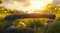 Teamwork ants crossing log bridge at sunset, concept of collaboration and perseverance Royalty Free Stock Photo