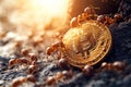 Ants pick up bitcoin , on the forest path, near anthill, bitcoin shines. sunny green background. teamwork concept. Generative Ai
