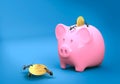 Ants storing dollar coins in a piggy bank Royalty Free Stock Photo