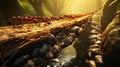 Ants walking on a log in the forest, teamwork concept