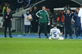 Antunes celebrates scored goal with Raul ruiz Riancho while Serhiy Rebrov holds his head on the background, UEFA Europa League