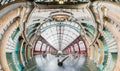 Distorted panorama of main train station. Funny fisheye point of view Royalty Free Stock Photo