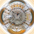 Distorted panorama of main train station. Funny fisheye point of view Royalty Free Stock Photo