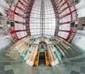 Distorted panorama of main train station. Funny fisheye point of view Royalty Free Stock Photo