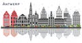 Antwerp Belgium City Skyline with Gray Buildings and Reflections Isolated on White Royalty Free Stock Photo