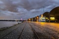 Antwerp, Belgium - February 5, 2020: Night view of the Waagnatie silos on the banks of the river Scheldt.