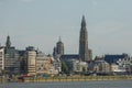 Cityscape of a port of Antwerp and cathedral of our lady in Belgium over the river