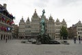 Statue of Brabo and the giant`s hand with 16th-century Guildhouses at the Grote Markt in Antwerp Royalty Free Stock Photo