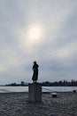 Antwerp, Belgium - March 18 2018: Silhouetted female statue near the river Scheldt