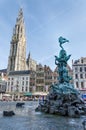 Antwerp, Belgium - May 10, 2015: Tourist visit The Grand Place with the Statue of Brabo in Antwerp Royalty Free Stock Photo