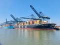 Antwerp, Belgium Panoramic view of harbor cranes and container ships in the largest dock of the port of Antwerp Royalty Free Stock Photo