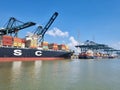 Antwerp, Belgium Panoramic view of harbor cranes and container ships in the largest dock of the port of Antwerp Royalty Free Stock Photo