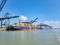 Antwerp, Belgium Panoramic view of harbor cranes and container ships in the largest dock of the port of Antwerp Royalty Free Stock Photo