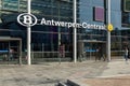 Antwerp Central Station, station sign above the glass entrance.