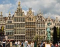 Antwerp, Flanders, Belgium. August 2019. On a beautiful sunny day the facades of the guild houses in the town hall square spice Royalty Free Stock Photo