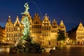 Antwerp Grote Markt with famous Brabo statue and fountain at night, Belgium Royalty Free Stock Photo