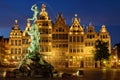 Antwerp Grote Markt with famous Brabo statue and fountain at night, Belgium Royalty Free Stock Photo