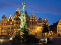 Antwerp Grote Markt with famous Brabo statue and fountain at night, Belgium Royalty Free Stock Photo