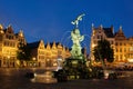 Antwerp Grote Markt with famous Brabo statue and fountain at night, Belgium Royalty Free Stock Photo