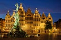 Antwerp Grote Markt with famous Brabo statue and fountain at night, Belgium