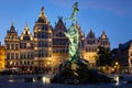 Antwerp Grote Markt with famous Brabo statue and fountain at night, Belgium Royalty Free Stock Photo