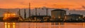 Antwerp Harbor Belgium Sunset with a large oil tanker at a oil gas LPG terminal Royalty Free Stock Photo