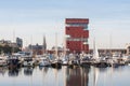 Antwerpen, Belgium, beautiful view of modern Eilandje area and port. Small island district and sailing marine at sunset. Royalty Free Stock Photo