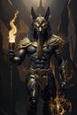 anubis with a muscular human body, gold armor, holding a flaming torch.AI GENERATED