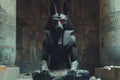 Anubis statue in front of columns and murals, captivating with fiery red eyes, AI-generated. Royalty Free Stock Photo