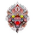 Anuman Monkey face design with wave and peony flower on cloud background.Thai Demon mask and Line Thai style.