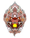 Anuman Monkey face design with wave and peony flower on cloud background.Thai Demon mask and Line Thai style.