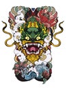 Anuman Monkey face design with wave and peony flower on cloud background.Thai Demon mask and Line Thai style.