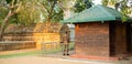 Anuradhapura, Sri Lanka - 03 31 2021: Police checkpoint inside premice of Jaya Sri Maha Bodhi. guards checking arriving devotees