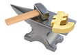 Anvil with gold lira symbol, 3D rendering