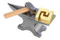 Anvil with gold shekel symbol, 3D rendering