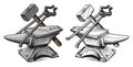 Anvil, hammer, tongs. Metal working tools. Blacksmith craft concept. Hand drawn sketch vintage vector illustration