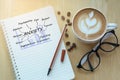 Anxiety concept on notebook with glasses, pencil and coffee cup