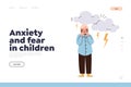 Anxiety and fear in children landing page with frustrated nervous boy child afraid of thunderstorm