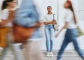 Anxiety, fear and a woman in busy crowded university sad and thinking. Stress, doubt and depression, student in hallway