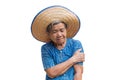 Anxiety old Asian woman farmer arm ache on white background