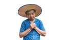 Anxiety old Asian woman farmer on a white