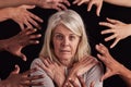 Anxiety, schizophrenia and face of woman with hands reach in horror, fear and black background for bipolar terror Royalty Free Stock Photo