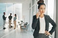 Anxiety, stress and frustrated businesswoman, phone call and office for worry, confused face and mobile. Worried female Royalty Free Stock Photo