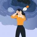 Anxiety and stress. Panic think. Disorder woman with worries cloud. Confused person. Mental trauma. Mind chaos and Royalty Free Stock Photo