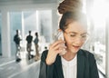 Anxiety, stress and phone call of businesswoman in office with worry, confused face and mobile. Worried female worker Royalty Free Stock Photo