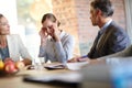 Anxiety, woman and boss in office for meeting, coworkers and discuss company policy. Corporate people, man and Royalty Free Stock Photo