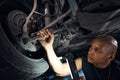 Anxious auto-mechanic suspecting problem in hubs and axle Royalty Free Stock Photo