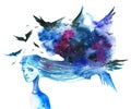 Anxious long-haired woman with dark blue cloud and birds over her head - hand drawn watercolor illustration in blue colors